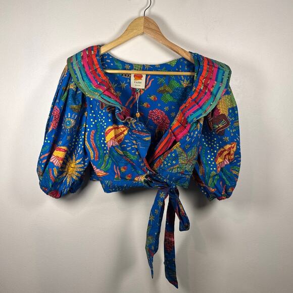 FARM Rio Tops - FARM Rio Blue Ocean Stories Wrap Blouse, NWT Size Medium